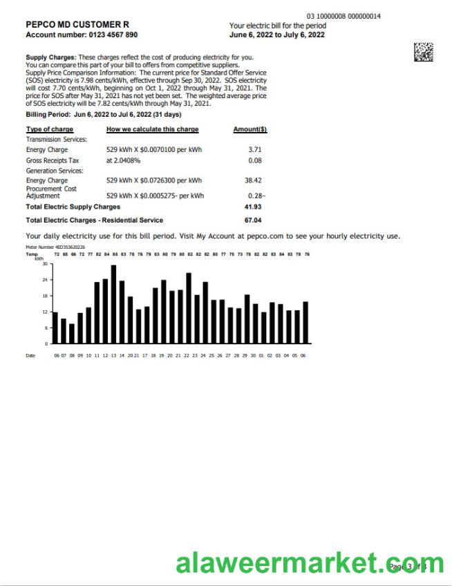 USA Maryland Pepco utility bill, Word and PDF template, 3 pages 3
